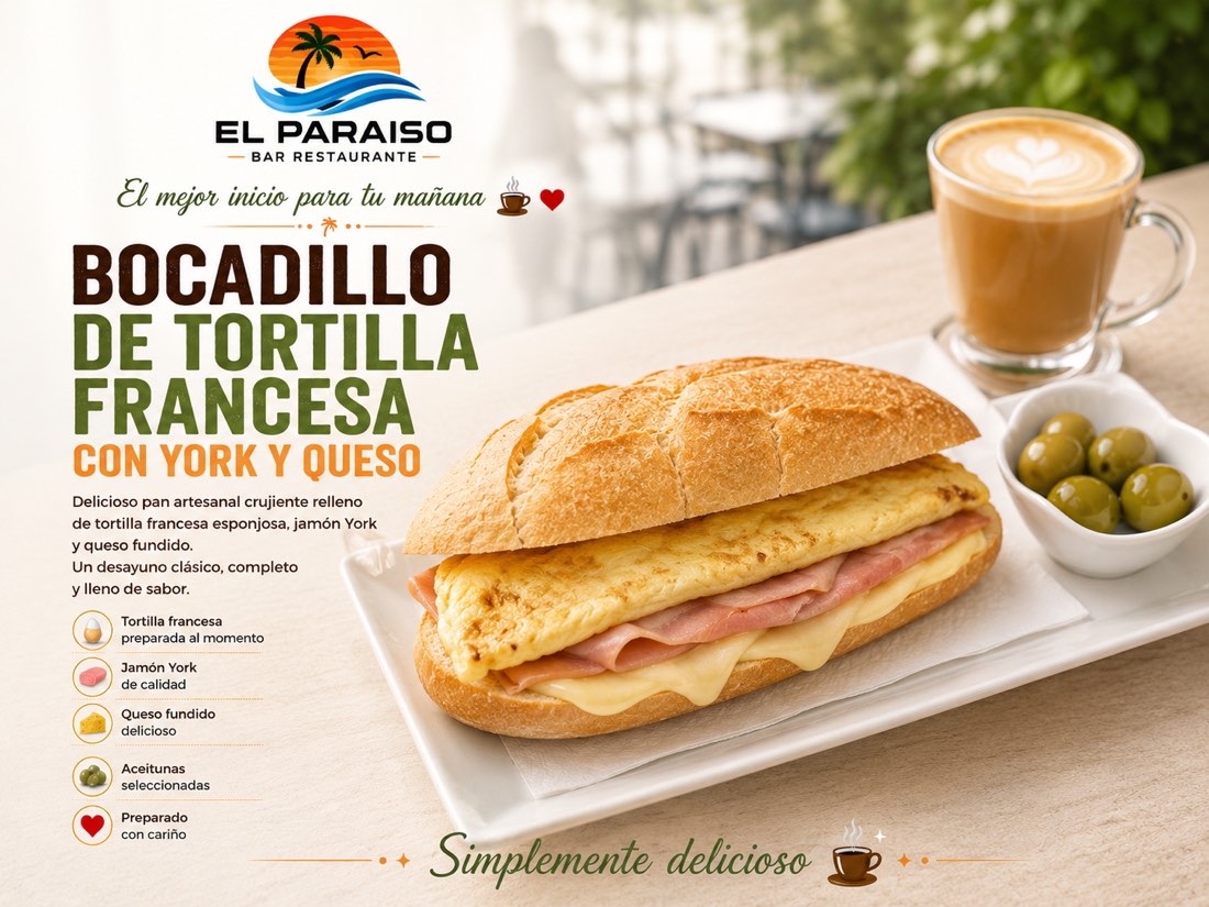 Bocadillo de tortilla francesa con york y queso
