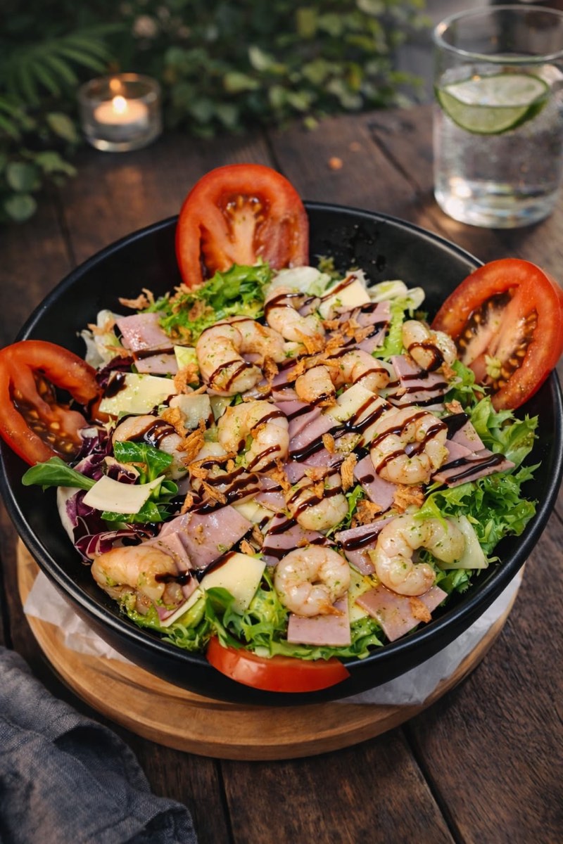 Ensalada con langostinos y york
