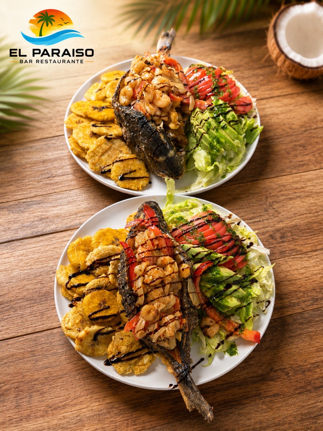 Pescado frito con tostones y ensalada